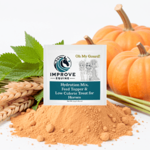Oh My Gourd pumpkin and nettle leaf horse hydration mix — natural antihistamine water flavoring for horses with itching and allergies