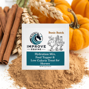 Improve Equine Basic Batch — pumpkin, oat flour, and Ceylon cinnamon horse hydration mix travel pouch, under 35 calories, made in Land O' Lakes, Florida