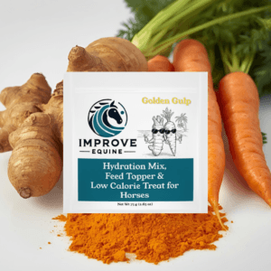 Golden Gulp carrot and turmeric horse hydration mix — anti-inflammatory water flavoring safe for metabolic horses