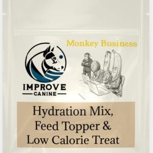 Improve Equine Monkey Business for dogs front label, banana and oat flour lick mat mix safe for all farm animals