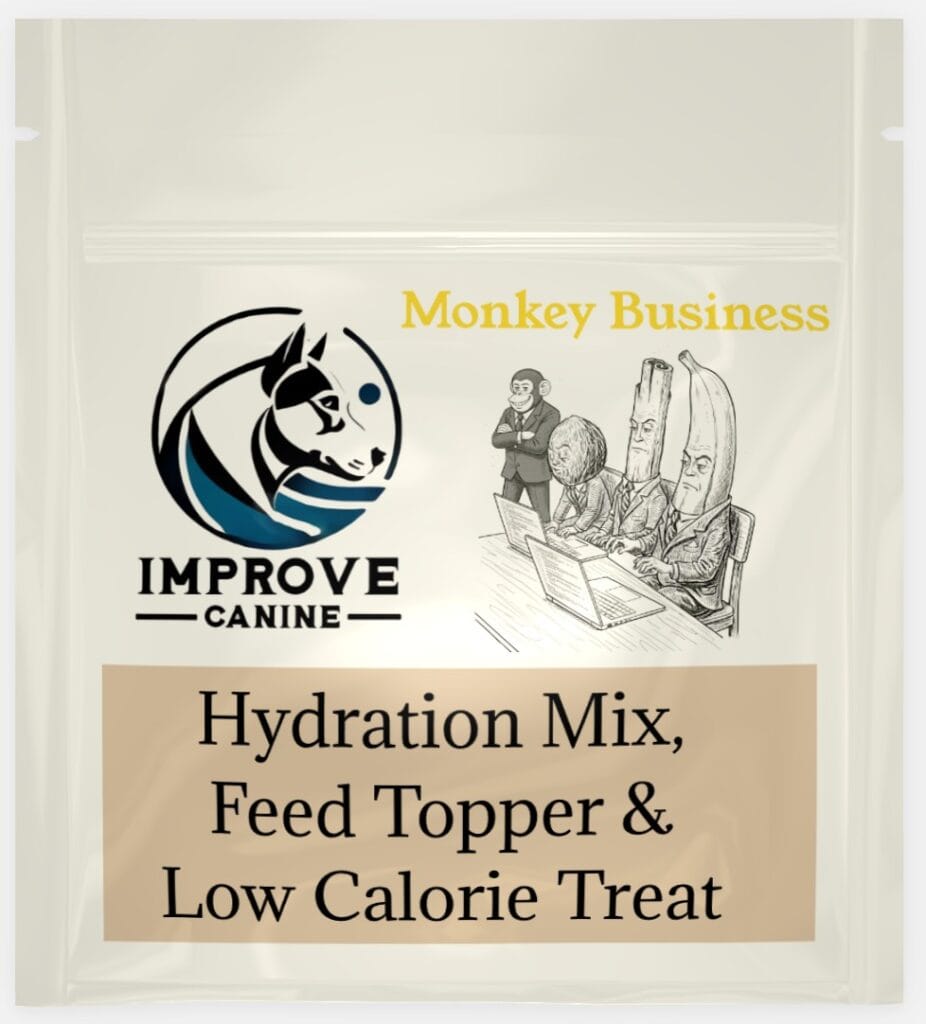Improve Equine Monkey Business for dogs front label, banana and oat flour lick mat mix safe for all farm animals