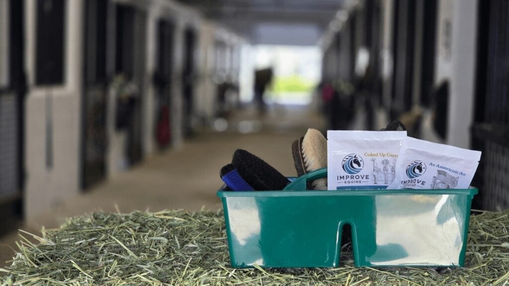 Improve Equine hydration mix shown in five preparations: water bucket, feed topper, frozen lick mat, baked horse treat, and medication mask — the multitool method