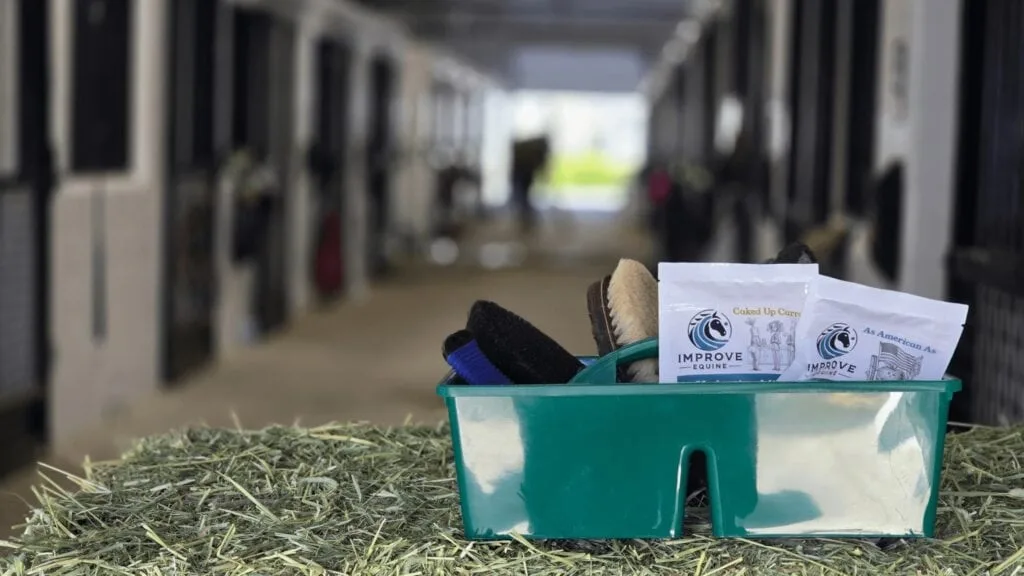 Improve Equine hydration mix shown in five preparations: water bucket, feed topper, frozen lick mat, baked horse treat, and medication mask — the multitool method