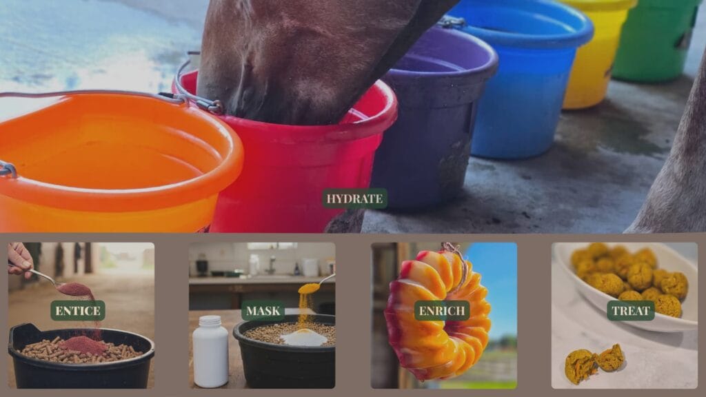 Improve Equine Flavors Hydration Mix — one product, five uses: hydrate, entice, mask, enrich, and treat