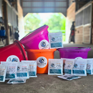 Improve Equine Options Water Buffet Starter Kit with 12 travel pouches and 4 labeled buckets