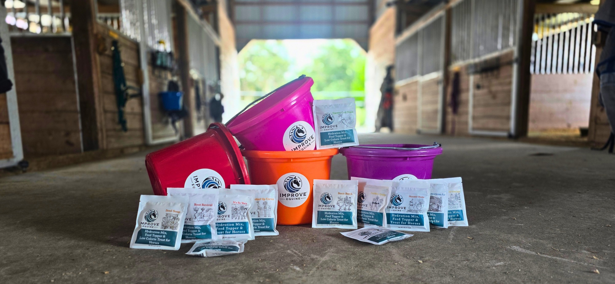 Improve Equine Options Water Buffet Starter Kit with 12 travel pouches and 4 labeled buckets