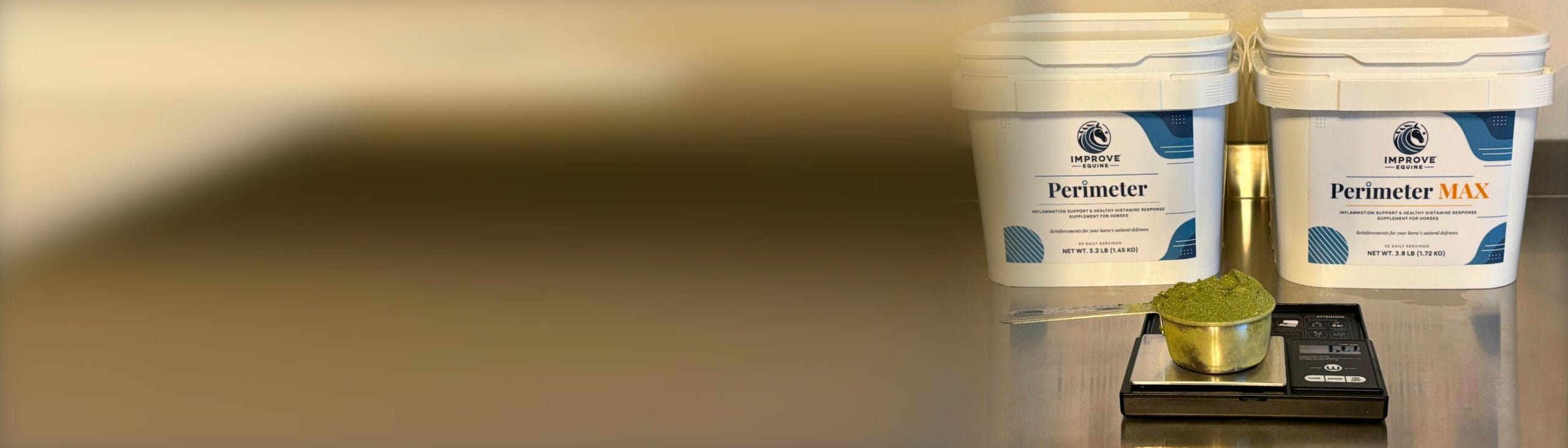 Perimeter and Perimeter MAX tubs with a measured scoop of powder on a digital scale